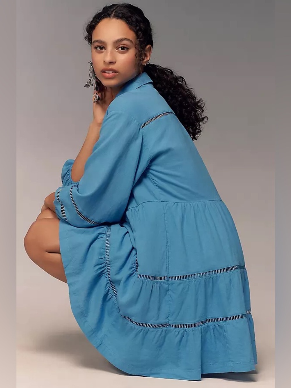 Anthropologie Blue Bettina Tiered Linen Dress